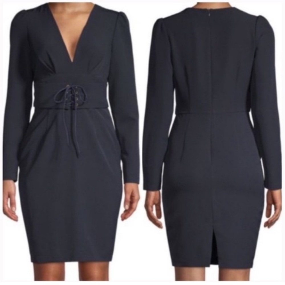 Alexia Admor Dark Navy Blue Long Sleeve V-Neck Dress Size Large NWT - Picture 3 of 10